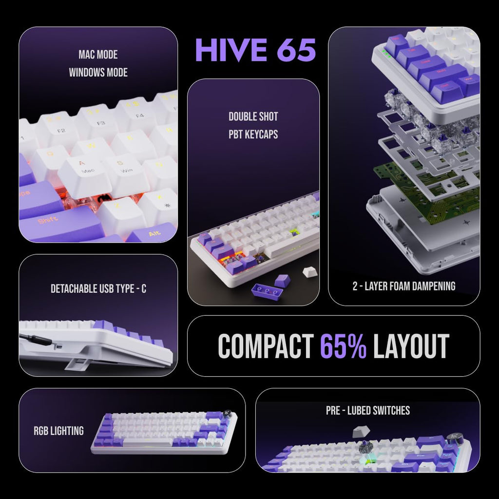 Kreo Hive 65 RGB Mechanical Gaming Keyboard | Pre-Lubed Switches, Anti-Ghosting, 5-Pin Hot-Swap | Wired 65% Keyboard with RGB Backlight & Detachable USB-C Cable (Black)