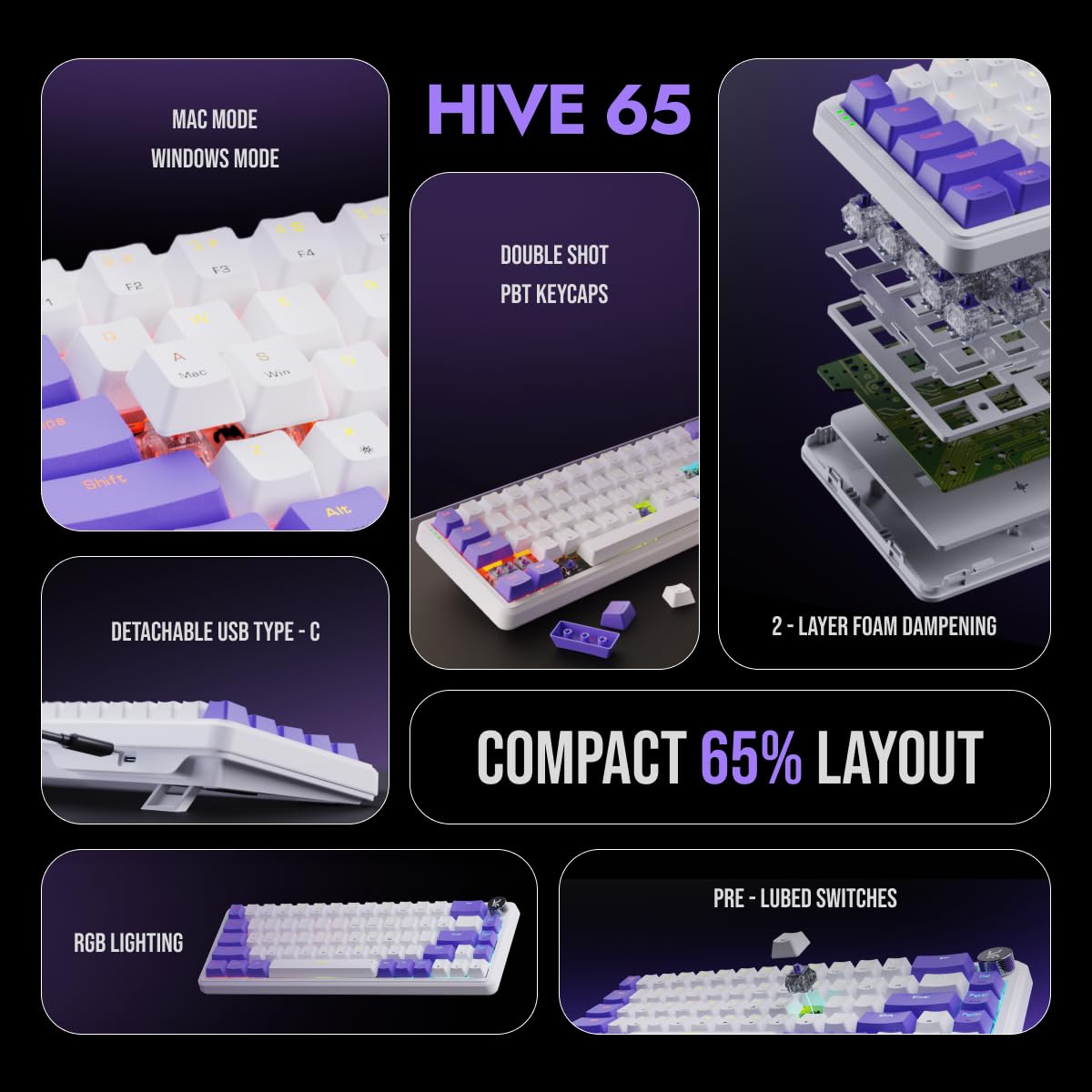 Kreo Hive 65 RGB Mechanical Gaming Keyboard | Pre-Lubed Switches, Anti-Ghosting, 5-Pin Hot-Swap | Wired 65% Keyboard with RGB Backlight & Detachable USB-C Cable (Black)