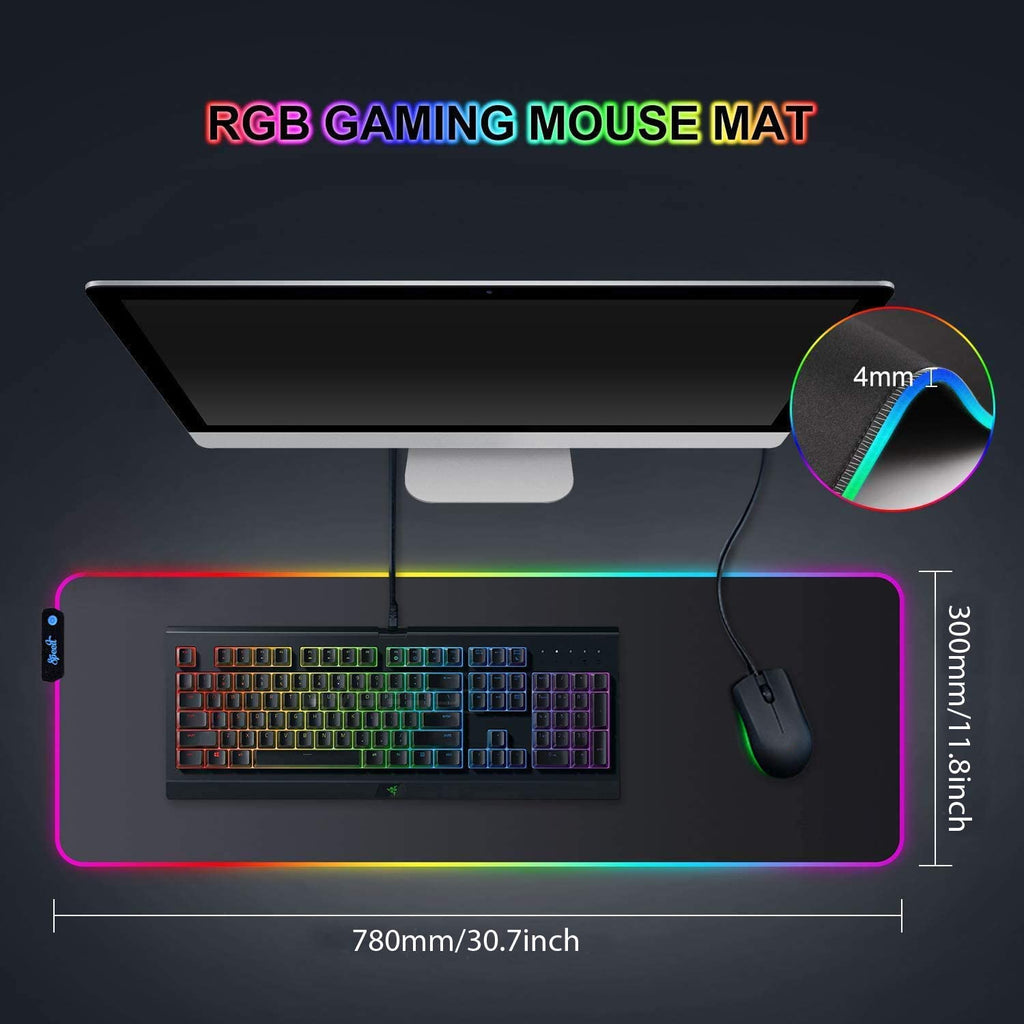 RGB Gaming Mouse Pad (78 x 30 cm) | Large LED Gaming Desk Mat with 14 Lighting Modes | Non-Slip Rubber Base Extended Keyboard & Mouse Pad – Black