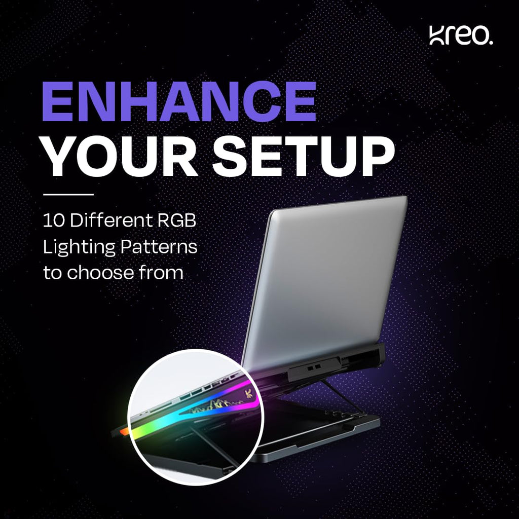 Kreo Tundra Laptop Cooler Pad with 5 Adjustable Fans, Dual USB Port, 5 Adjustable Height Angles with LCD Display and 10 RGB Modes, Silent Cooling Pad with Under 21 dBA for Office and Gaming laptops.