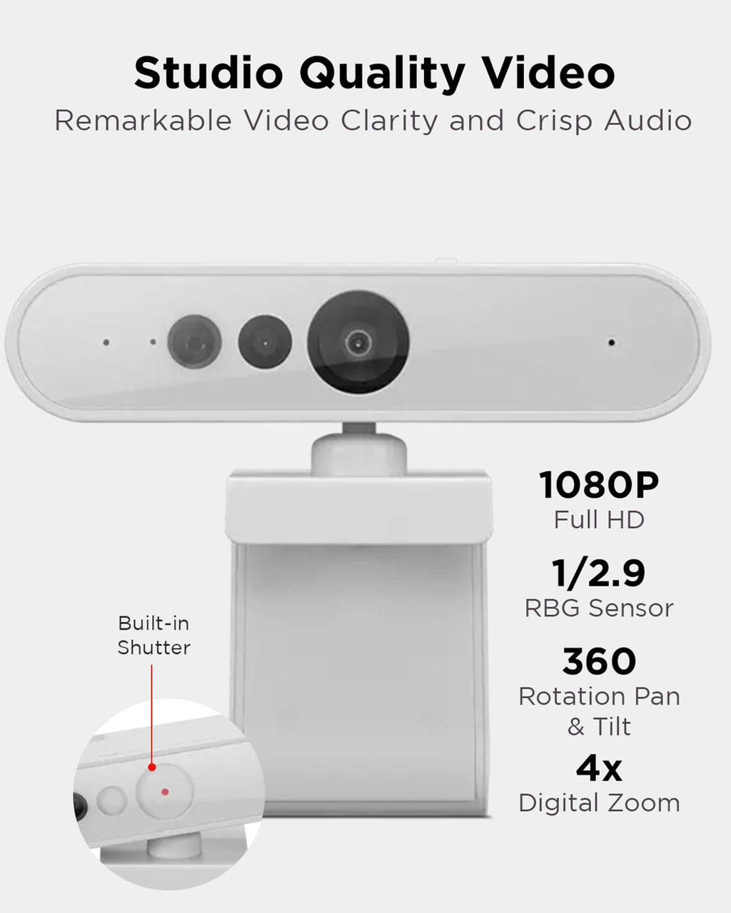 Lenovo 300 FHD Webcam with Full Stereo Dual Built-in Mics | FHD 1080P 2.1 Megapixel CMOS Camera with USB |Ultra-Wide 95° Lens, 4X Digital Zoom | 360 Rotation | Cloud Grey