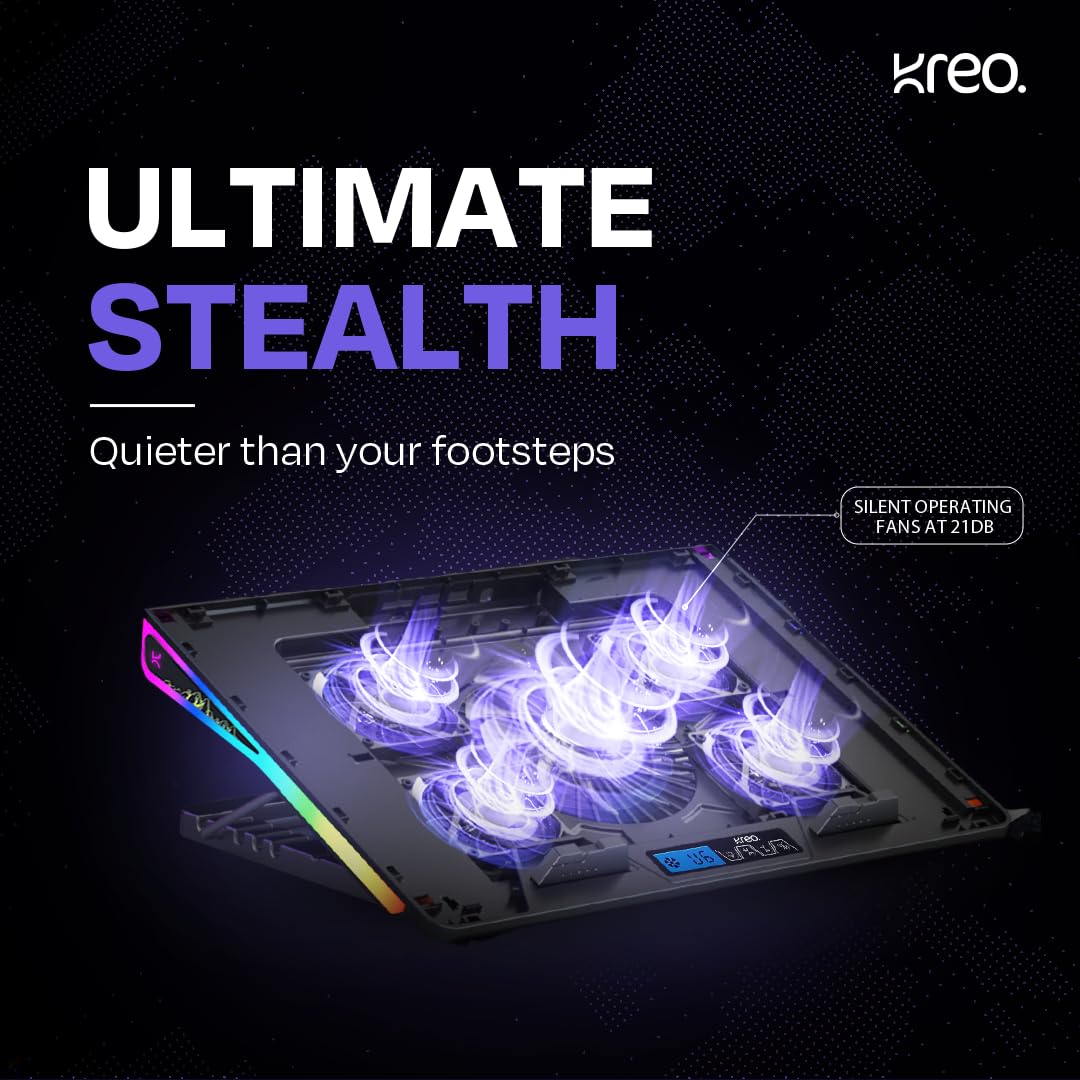Kreo Tundra Laptop Cooler Pad with 5 Adjustable Fans, Dual USB Port, 5 Adjustable Height Angles with LCD Display and 10 RGB Modes, Silent Cooling Pad with Under 21 dBA for Office and Gaming laptops.