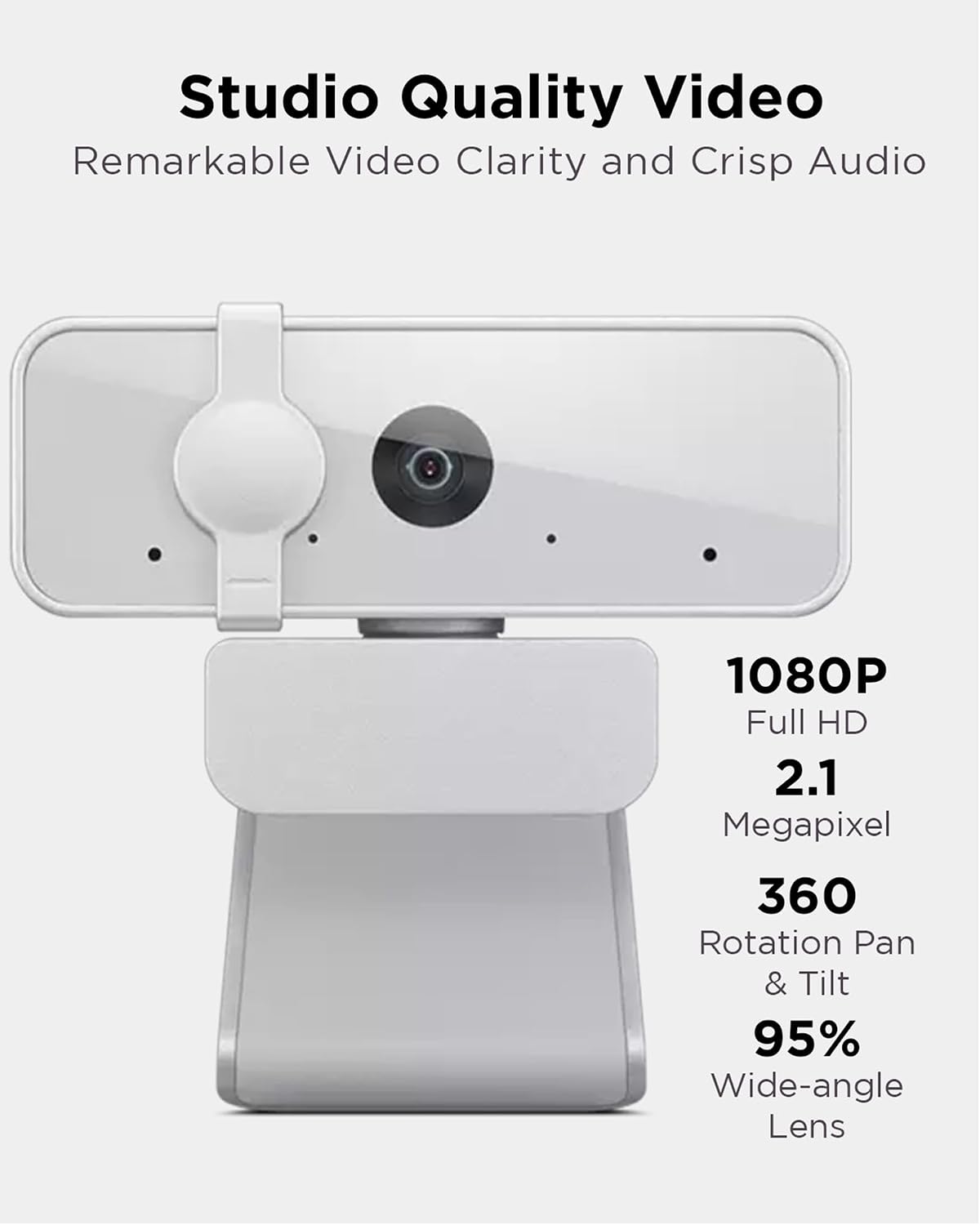 Lenovo 300 FHD Webcam with Full Stereo Dual Built-in Mics | FHD 1080P 2.1 Megapixel CMOS Camera with USB |Ultra-Wide 95° Lens, 4X Digital Zoom | 360 Rotation | Cloud Grey