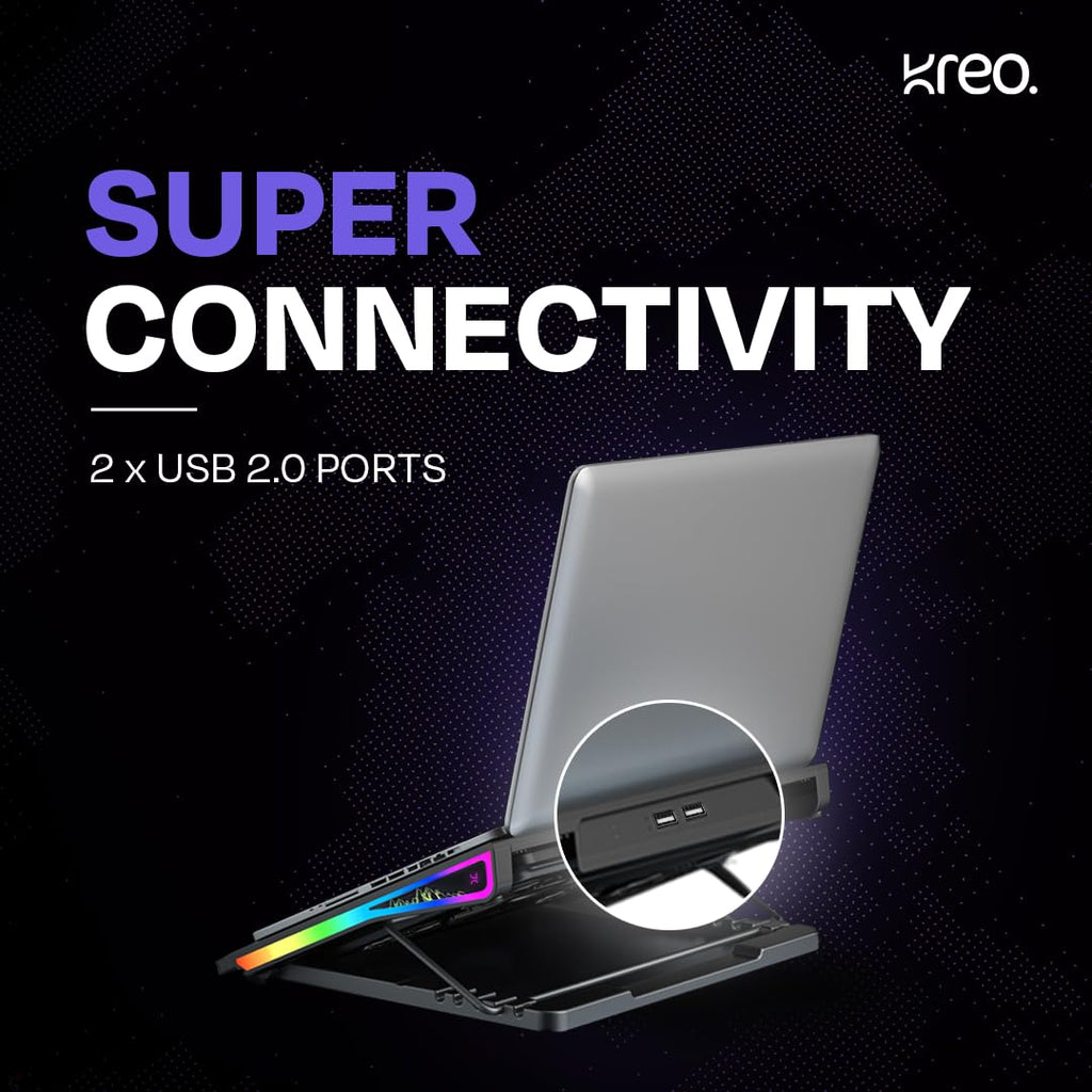 Kreo Tundra Laptop Cooler Pad with 5 Adjustable Fans, Dual USB Port, 5 Adjustable Height Angles with LCD Display and 10 RGB Modes, Silent Cooling Pad with Under 21 dBA for Office and Gaming laptops.
