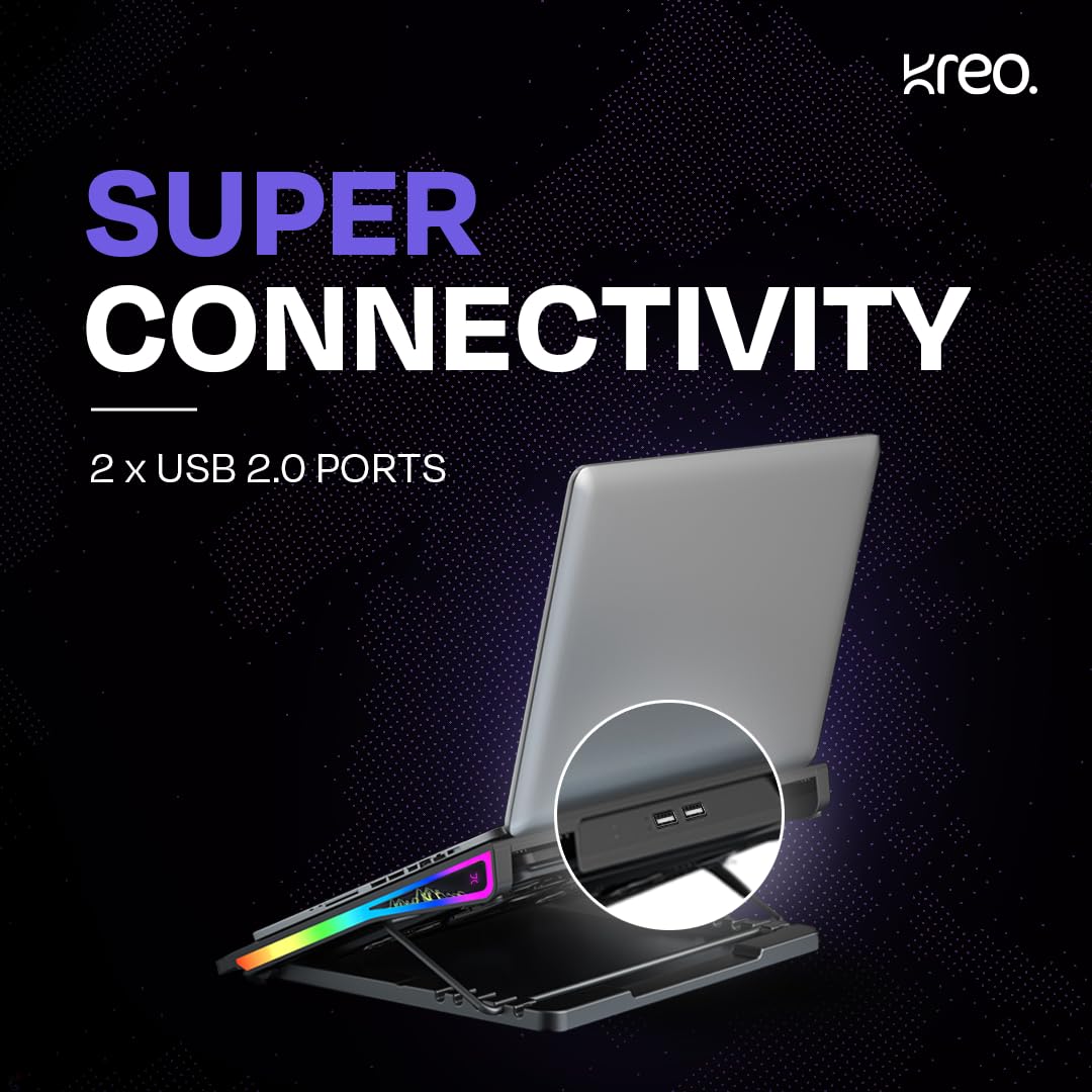 Kreo Tundra Laptop Cooler Pad with 5 Adjustable Fans, Dual USB Port, 5 Adjustable Height Angles with LCD Display and 10 RGB Modes, Silent Cooling Pad with Under 21 dBA for Office and Gaming laptops.
