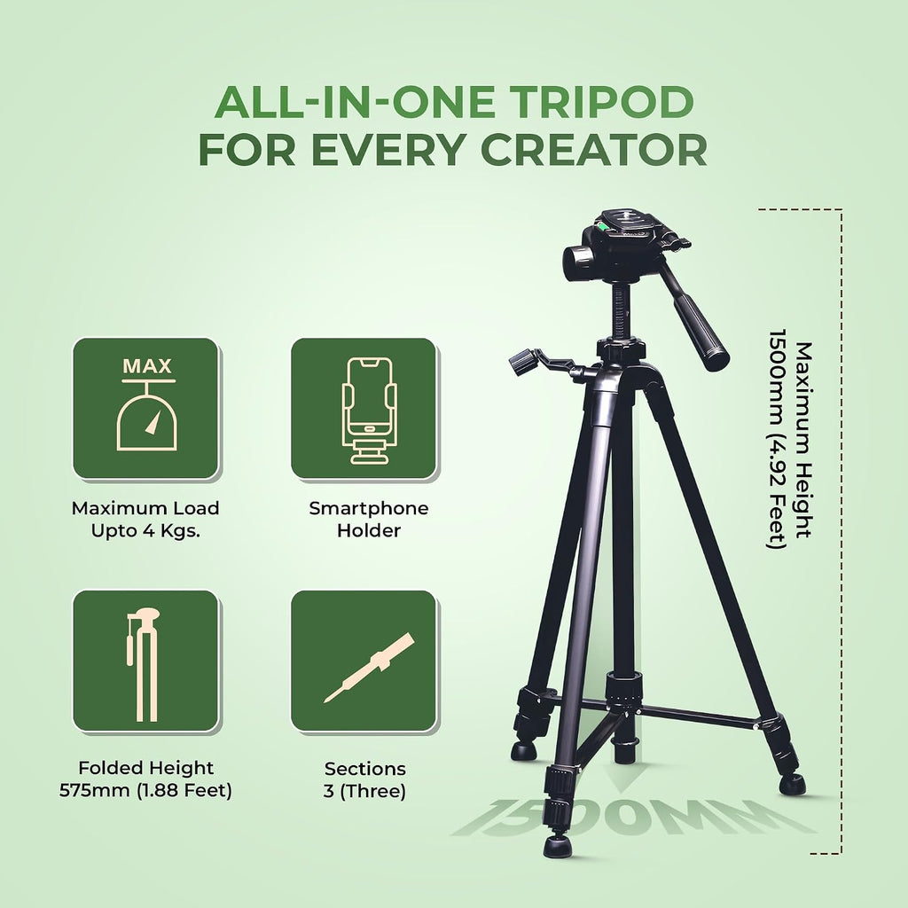 DIGITEK (DTR 550 LW) 67 Inch Foldable Tripod Stand with Phone Holder & 360° Ball Head, 5kg Load Capacity, Aluminum Alloy Legs with Rubberized Feet & Flip Locks, Carry Bag, for Photo & Video Shoots