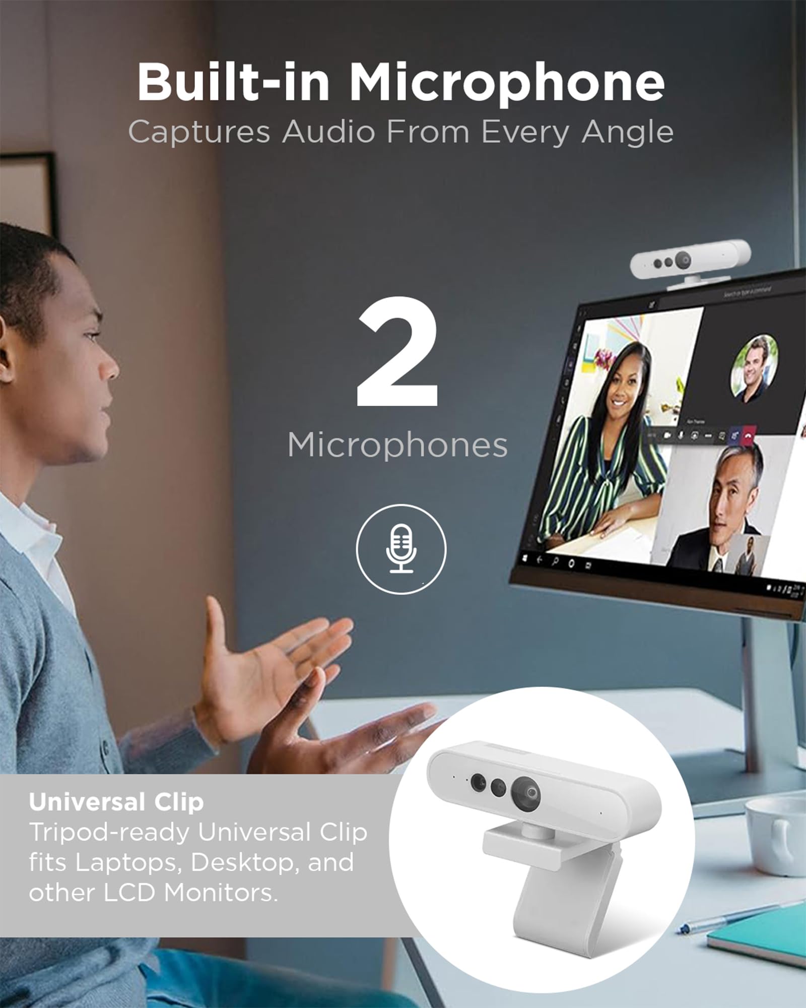 Lenovo 300 FHD Webcam with Full Stereo Dual Built-in Mics | FHD 1080P 2.1 Megapixel CMOS Camera with USB |Ultra-Wide 95° Lens, 4X Digital Zoom | 360 Rotation | Cloud Grey