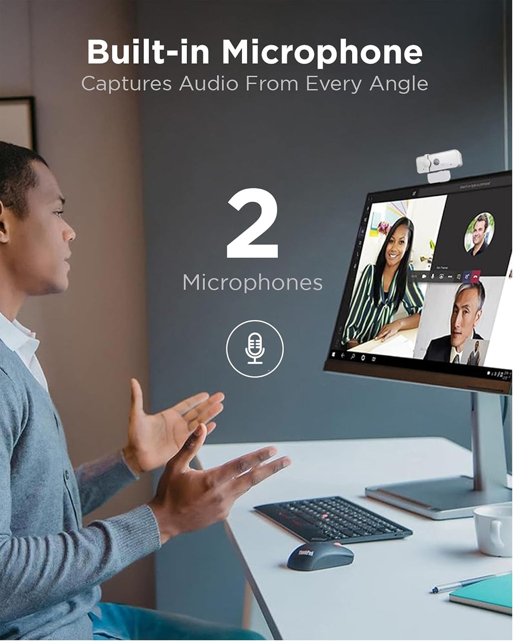 Lenovo 300 FHD Webcam with Full Stereo Dual Built-in Mics | FHD 1080P 2.1 Megapixel CMOS Camera with USB |Ultra-Wide 95° Lens, 4X Digital Zoom | 360 Rotation | Cloud Grey