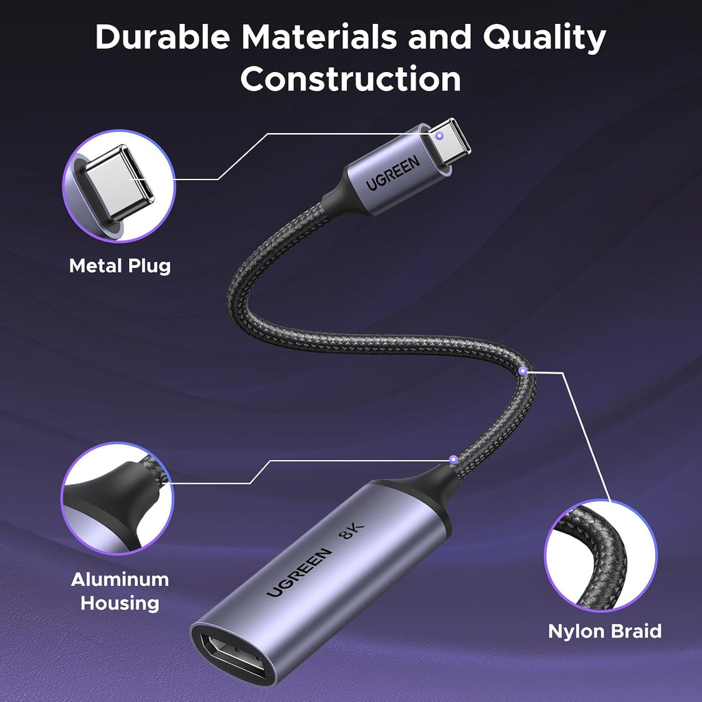 UGREEN 8K@60Hz USB C to DisplayPort 1.4 Adapter Cable | 4K@240Hz, Thunderbolt 4/3, HDR, VRR, ALLM, Braided, Compatible with iPhone 17/16, Galaxy S26, MacBook Pro/Air, iPad, XPS
