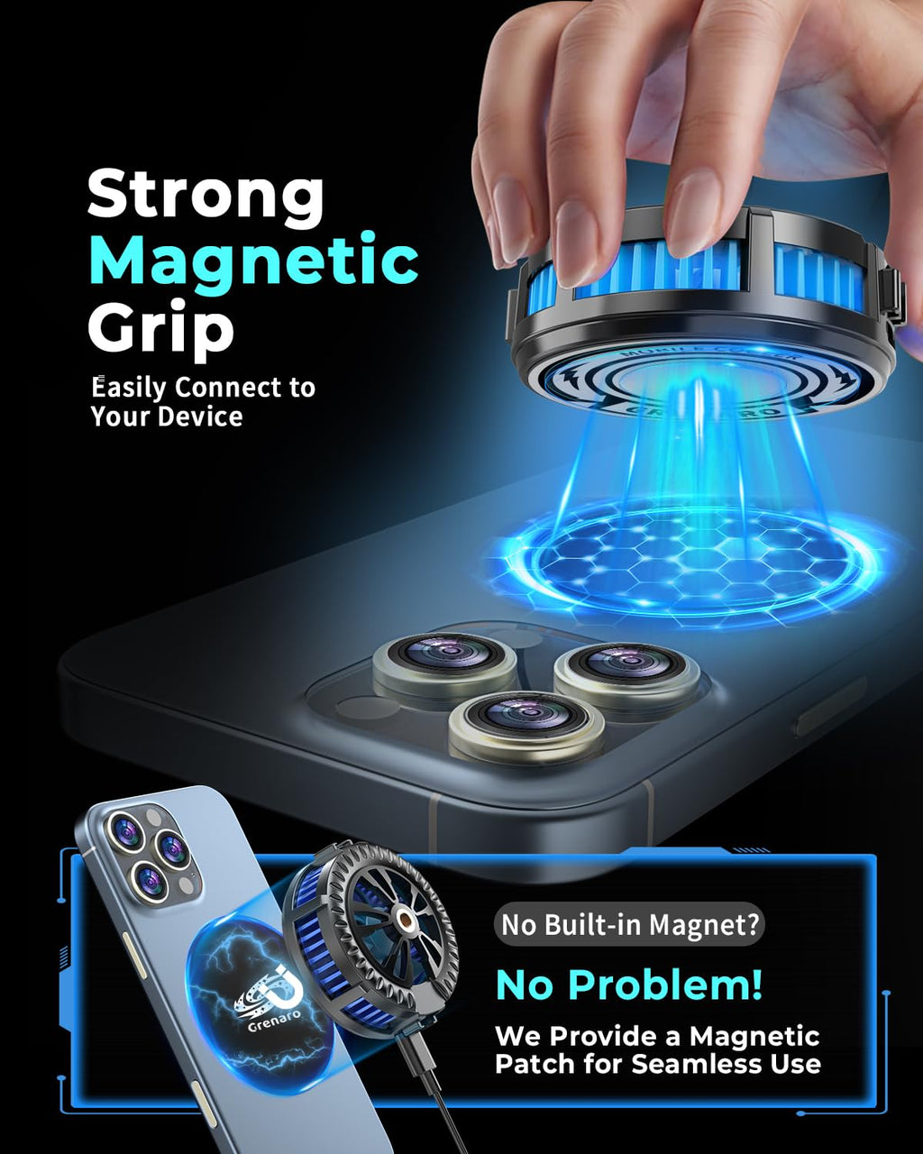GRENARO Magnetic Phone Cooler for Gaming, Mobilephone Cooler for Gaming with Enhanced Refrigeration Chip, Gaming Cooler Perfect for Bgmi, Pubg,Freefire and Long Gaming Sessions