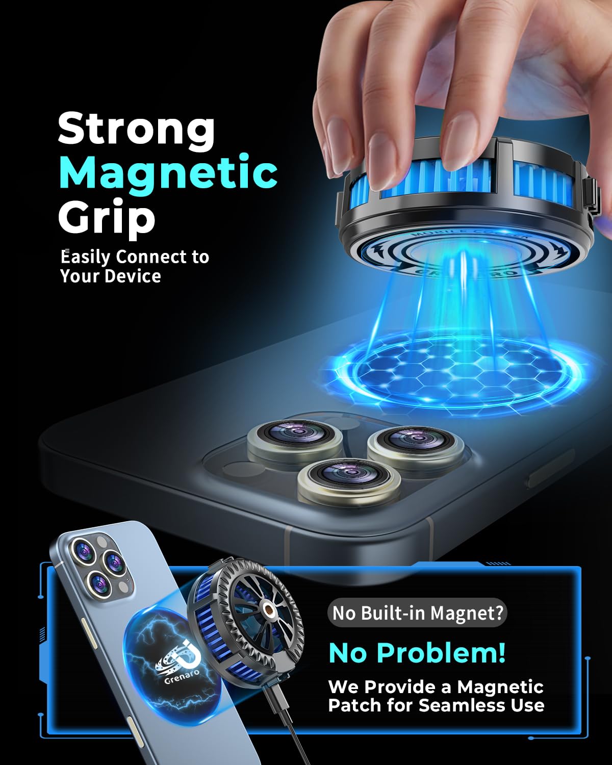 GRENARO Magnetic Phone Cooler for Gaming, Mobilephone Cooler for Gaming with Enhanced Refrigeration Chip, Gaming Cooler Perfect for Bgmi, Pubg,Freefire and Long Gaming Sessions