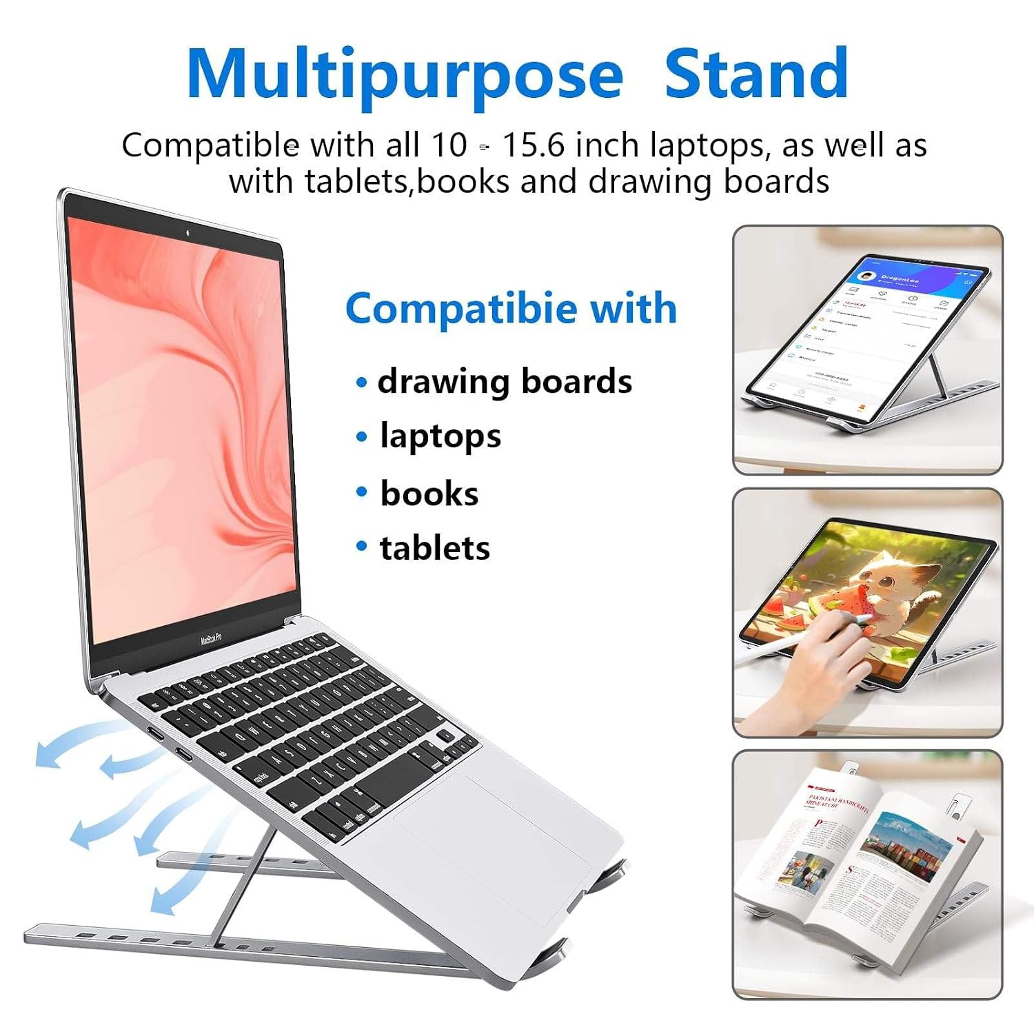 FORIDA Foldable Laptop Stand – Adjustable Height & Angle, Portable Metal Laptop Riser with Anti-Slip Pads, Heat Dissipation, Supports Up to 10kg – for All Laptops up to 15.6"