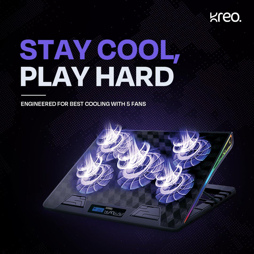 Kreo Tundra Laptop Cooler Pad with 5 Adjustable Fans, Dual USB Port, 5 Adjustable Height Angles with LCD Display and 10 RGB Modes, Silent Cooling Pad with Under 21 dBA for Office and Gaming laptops.