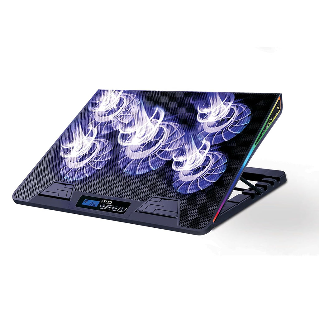 Kreo Tundra Laptop Cooler Pad with 5 Adjustable Fans, Dual USB Port, 5 Adjustable Height Angles with LCD Display and 10 RGB Modes, Silent Cooling Pad with Under 21 dBA for Office and Gaming laptops.