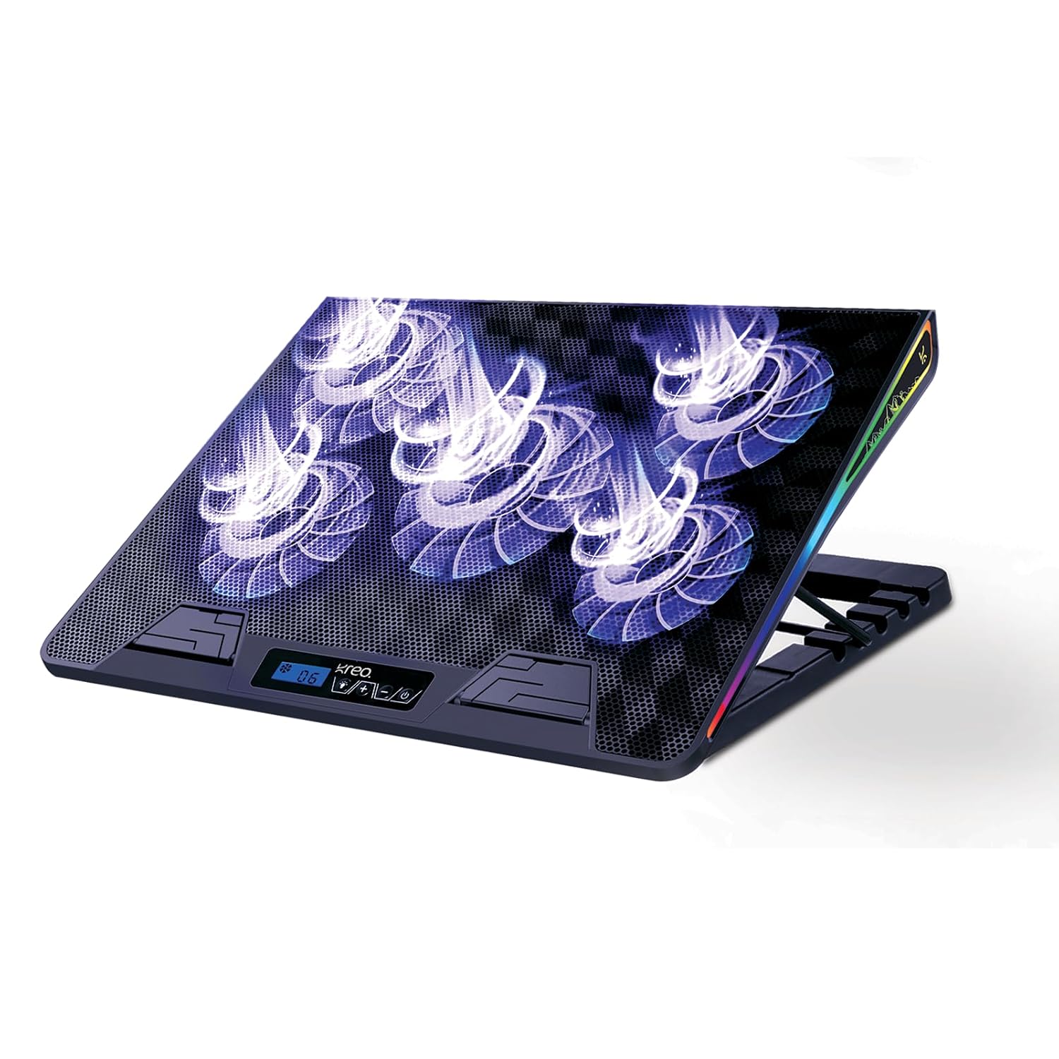 Kreo Tundra Laptop Cooler Pad with 5 Adjustable Fans, Dual USB Port, 5 Adjustable Height Angles with LCD Display and 10 RGB Modes, Silent Cooling Pad with Under 21 dBA for Office and Gaming laptops.