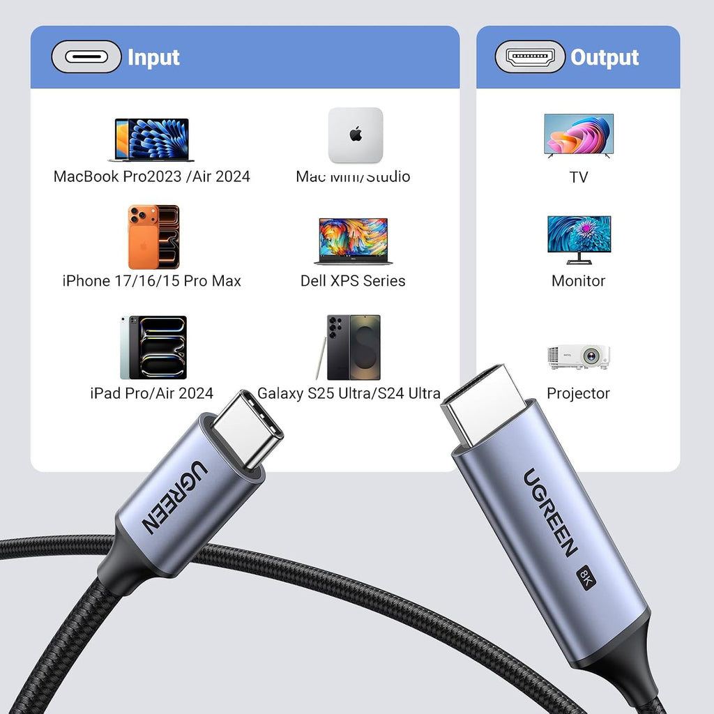 UGREEN USB C to HDMI 2.1 Cable 2M 8K@60Hz 4K@240Hz for Home Office | Unidirectional,48Gbps,HDR,HDCP2.3,Compatible for MacBook Pro Air iPad,Mac mini,iPhone 17 ProMax,Galaxy S26,Pixel 9,XPS