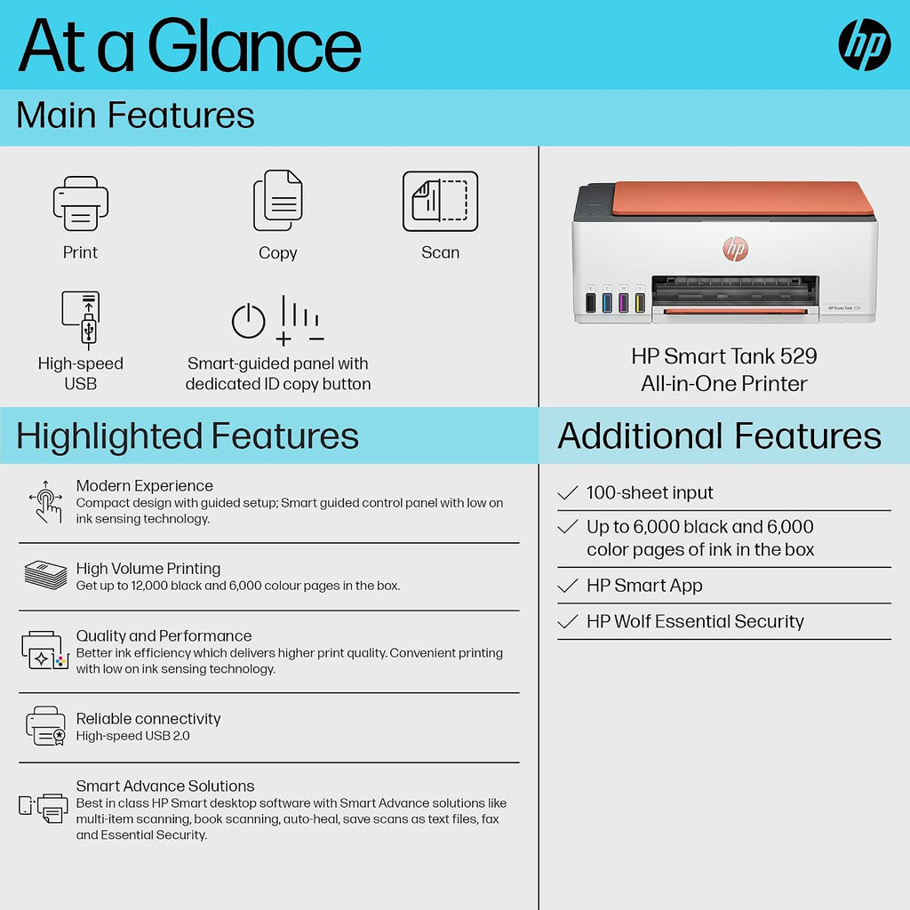 HP Smart Tank 529 All-in-One Colour Printer |Up to 4000 Black & 6000 Colour Prints I Print,Scan & Copy for Home/Office
