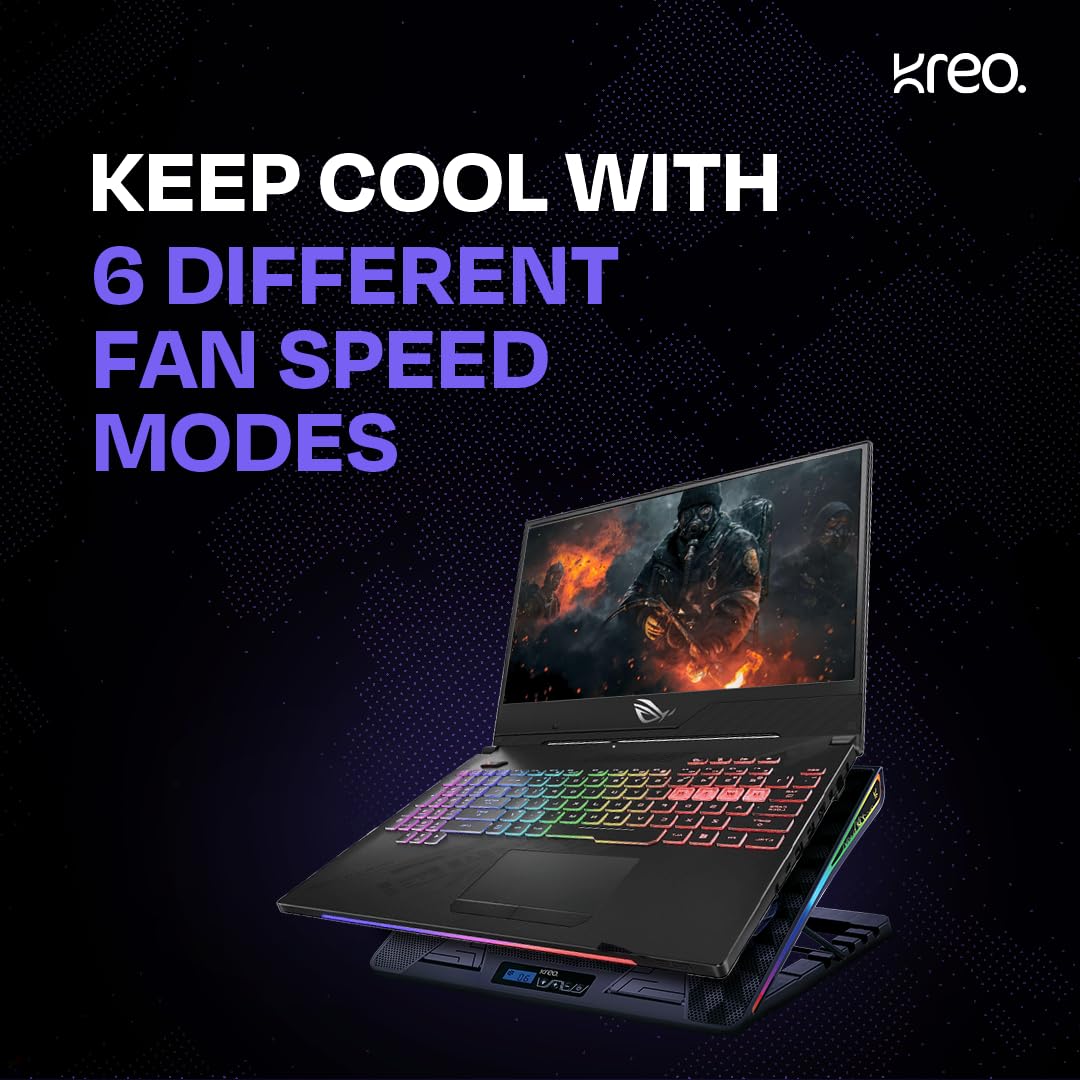 Kreo Tundra Laptop Cooler Pad with 5 Adjustable Fans, Dual USB Port, 5 Adjustable Height Angles with LCD Display and 10 RGB Modes, Silent Cooling Pad with Under 21 dBA for Office and Gaming laptops.