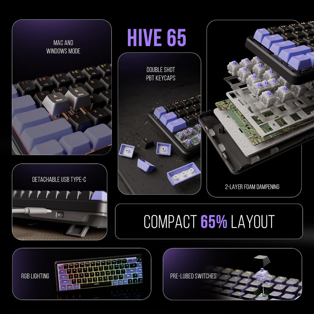 Kreo Hive 65 RGB Mechanical Gaming Keyboard | Pre-Lubed Switches, Anti-Ghosting, 5-Pin Hot-Swap | Wired 65% Keyboard with RGB Backlight & Detachable USB-C Cable (Black)