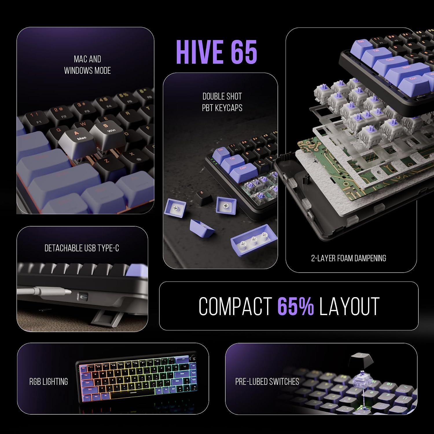 Kreo Hive 65 RGB Mechanical Gaming Keyboard | Pre-Lubed Switches, Anti-Ghosting, 5-Pin Hot-Swap | Wired 65% Keyboard with RGB Backlight & Detachable USB-C Cable (Black)