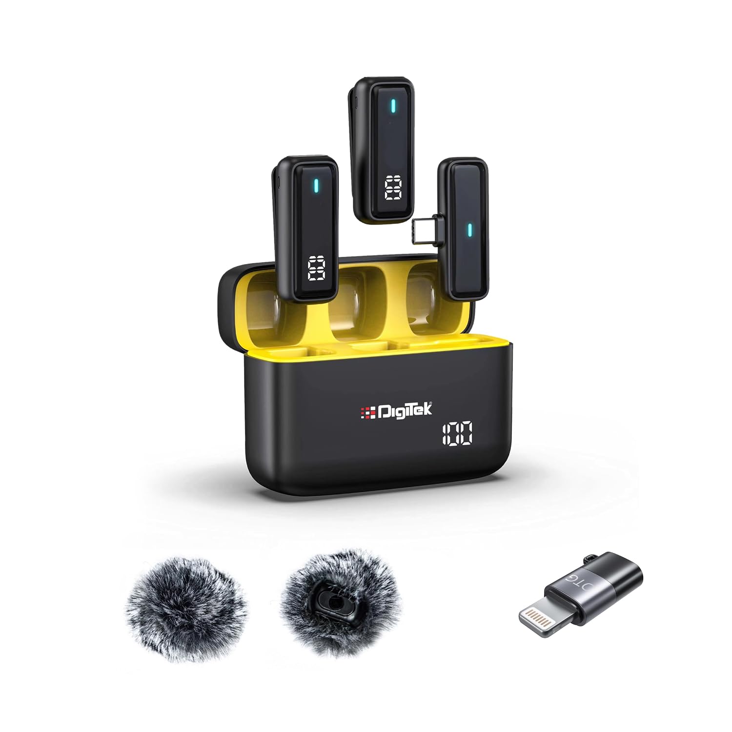 Digitek DWM-116 Mic Wireless with Type-C & Lightning, Wireless Mic for YouTube Recording, 2.4GHz Wireless Microphone with Noise Cancellation, 40m Range, 6H Battery, Magnetic Clip