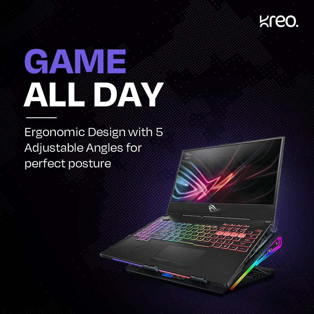 Kreo Tundra Laptop Cooler Pad with 5 Adjustable Fans, Dual USB Port, 5 Adjustable Height Angles with LCD Display and 10 RGB Modes, Silent Cooling Pad with Under 21 dBA for Office and Gaming laptops.