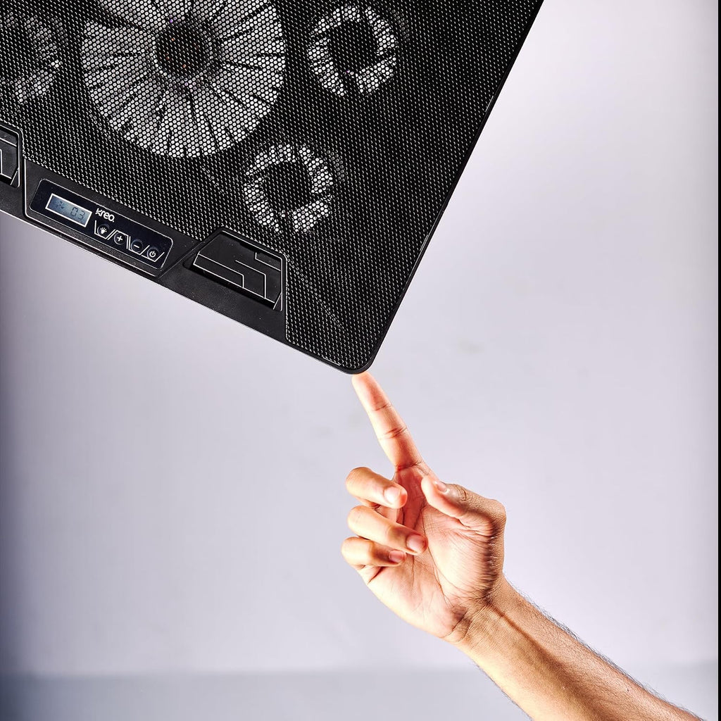 Kreo Tundra Laptop Cooler Pad with 5 Adjustable Fans, Dual USB Port, 5 Adjustable Height Angles with LCD Display and 10 RGB Modes, Silent Cooling Pad with Under 21 dBA for Office and Gaming laptops.