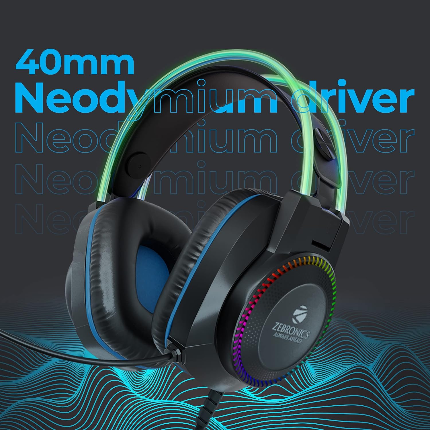 Zebronics Jet PRO Premium Wired Gaming On Ear Headphone with LED for Headband + earcups, 40mm Neodymium Drivers, 2 Meter Braided Cable, with mic, Suspension Design, 3.5mm + USB Connector (Black, Blue)