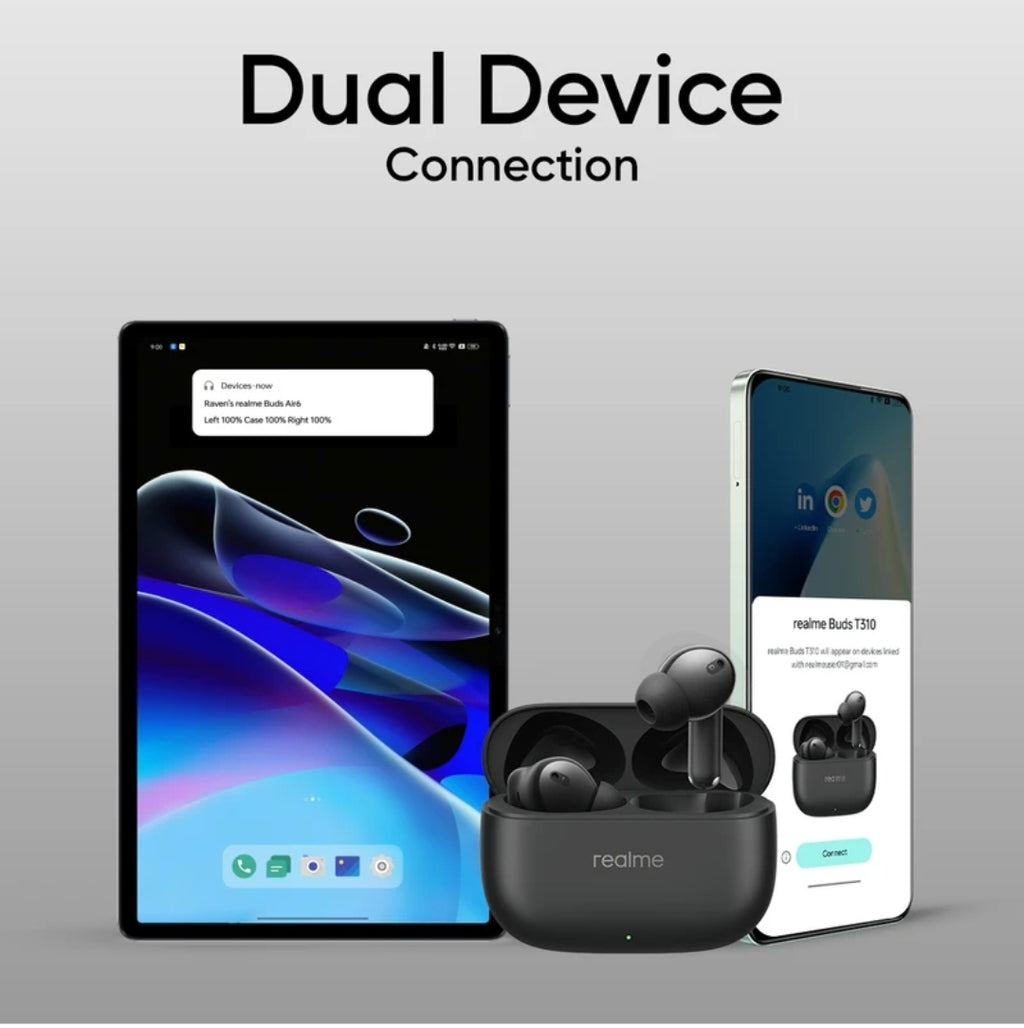 Realme Buds T310 with 12.4mm Driver, 46dB ANC, Spatial Audio and upto 40 hours Playback Bluetooth Headset (Vibrant Black, True Wireless)