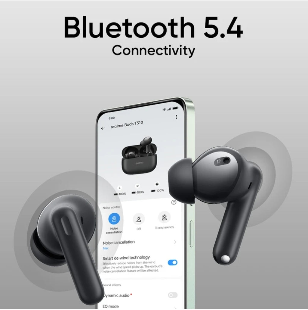 Realme Buds T310 with 12.4mm Driver, 46dB ANC, Spatial Audio and upto 40 hours Playback Bluetooth Headset (Vibrant Black, True Wireless)