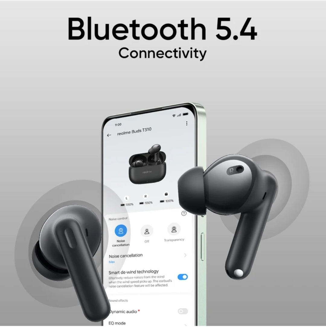 Realme Buds T310 with 12.4mm Driver, 46dB ANC, Spatial Audio and upto 40 hours Playback Bluetooth Headset (Vibrant Black, True Wireless)