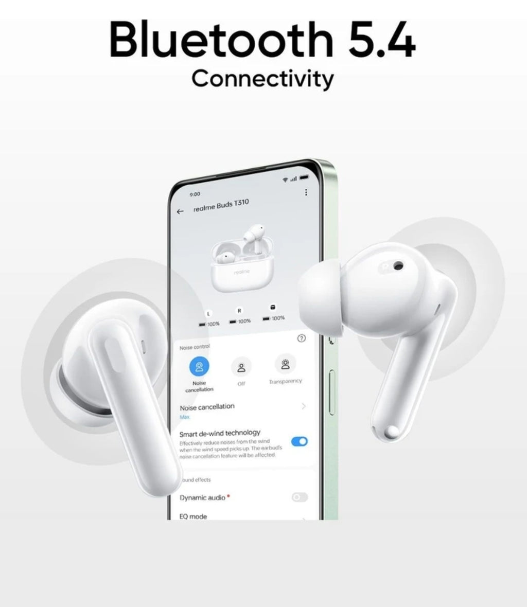 Realme Buds T310 with 12.4mm Driver, 46dB ANC, Spatial Audio and upto 40 hours Playback Bluetooth Headset (Agile White, True Wireless)