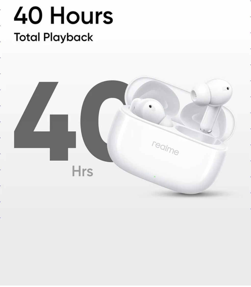 Realme Buds T310 with 12.4mm Driver, 46dB ANC, Spatial Audio and upto 40 hours Playback Bluetooth Headset (Agile White, True Wireless)
