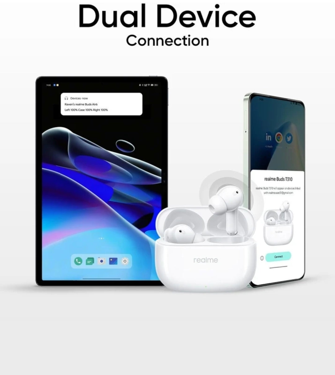 Realme Buds T310 with 12.4mm Driver, 46dB ANC, Spatial Audio and upto 40 hours Playback Bluetooth Headset (Agile White, True Wireless)