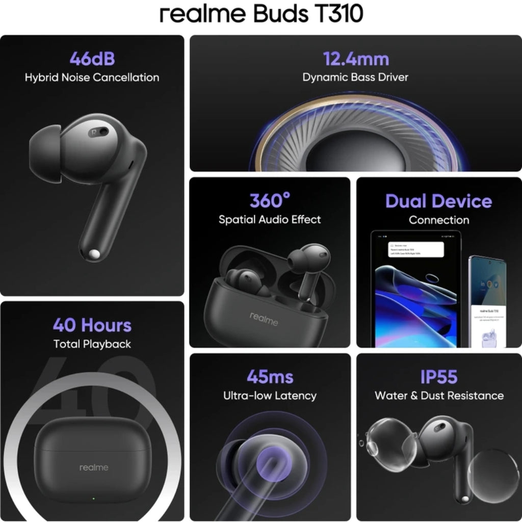 Realme Buds T310 with 12.4mm Driver, 46dB ANC, Spatial Audio and upto 40 hours Playback Bluetooth Headset (Vibrant Black, True Wireless)