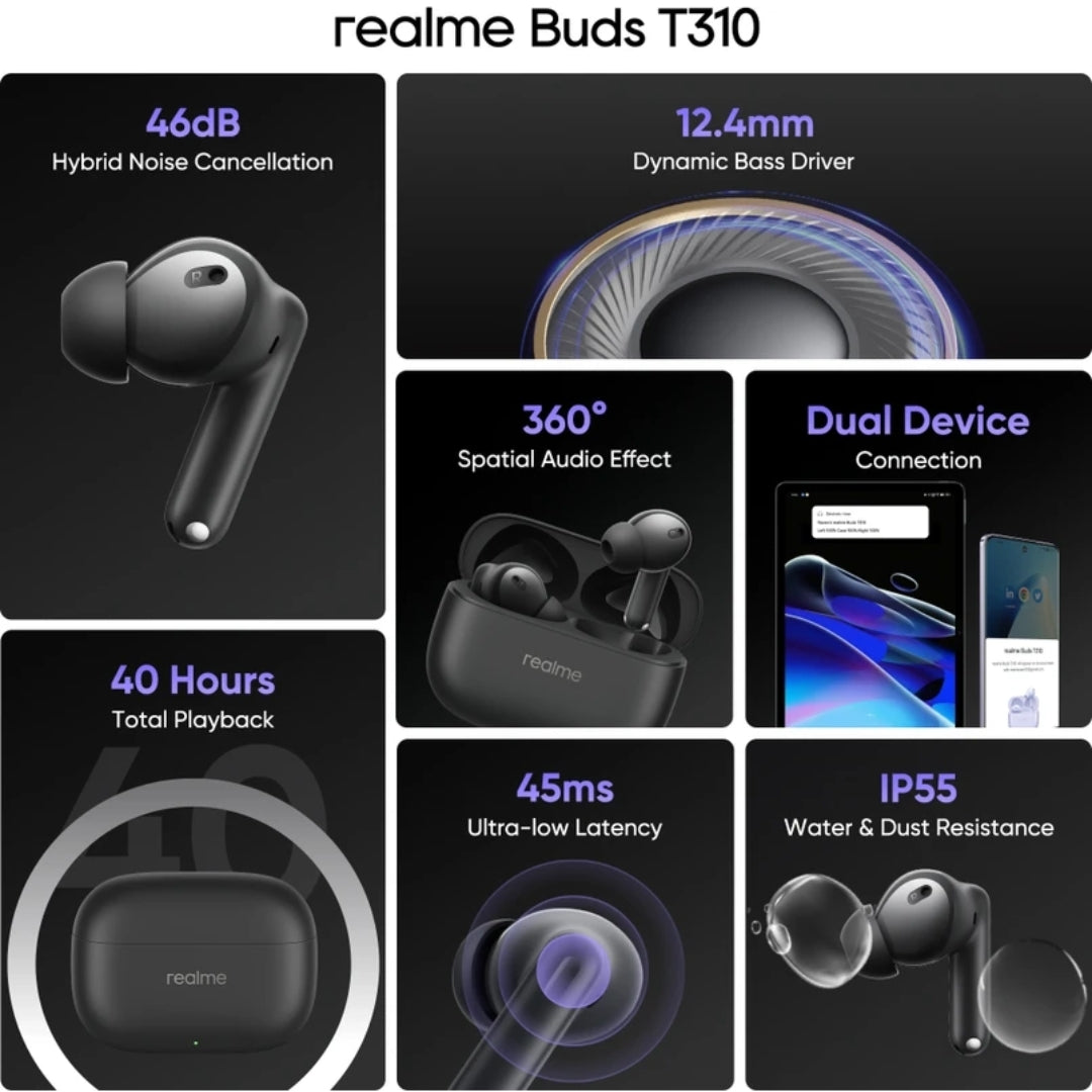 Realme Buds T310 with 12.4mm Driver, 46dB ANC, Spatial Audio and upto 40 hours Playback Bluetooth Headset (Vibrant Black, True Wireless)